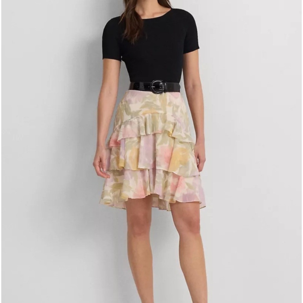 NWOT Lauren Ralph Lauren Floral Crinkle Georgette Tiered Ruffle Skirt Womens 16W